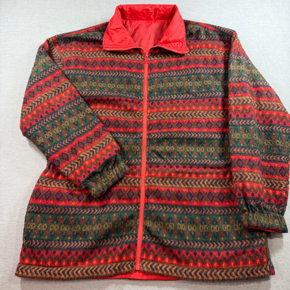 U-Sport Fleece Jacket Women Small Red Aztec Reversible Vintage Full Zip Coat‎
